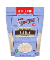 Bob's Red Mill gluten-free oat bran hot cereal bowl featuring creamy texture and fiber-rich oats.