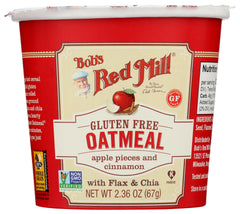 Bob's Red Mill gluten free oatmeal cup Apple Cinnamon packaging highlights convenient single-serve design