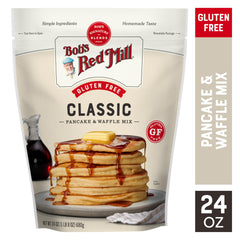Bob's Red Mill gluten free pancake batter being poured into a pan