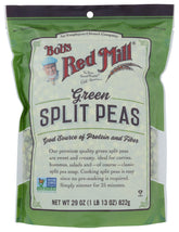 Bob's Red Mill Green Split Peas bag on counter, ideal for hearty soups