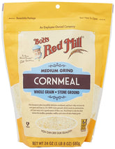 Bob's Red Mill Medium Grind Cornmeal bag shows a full, hearty whole grain texture for cornbread.