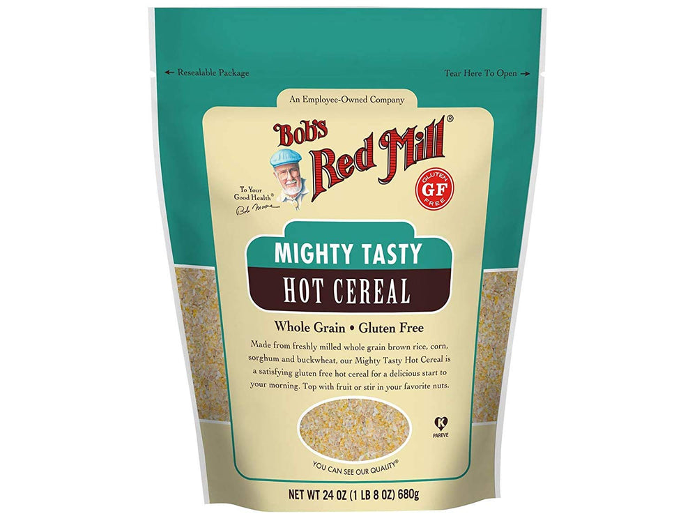 Bob's Red Mill Mighty Tasty Hot Cereal packaging shows gluten-free breakfast option.