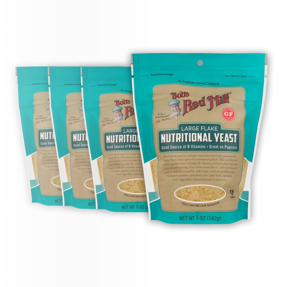 Bob's Red Mill nutritional yeast four-pack packaging shown for easy pantry stocking