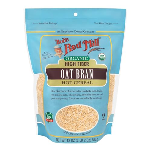 Bob's Red Mill Oat Bran Hot Cereal packaging shows organic, high-fiber oats for a hearty breakfast.