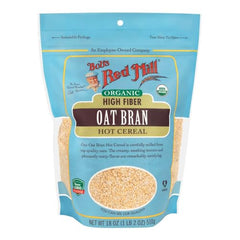 Bob's Red Mill Oat Bran Hot Cereal packaging shows organic, high-fiber oats for a hearty breakfast.