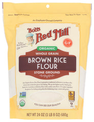 Bob's Red Mill Organic Brown Rice Flour 24oz bag, ideal for gluten-free baking.