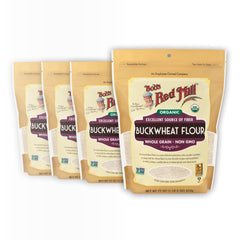 Bob's Red Mill Organic Buckwheat Flour four-pack on the counter for gluten-free baking.