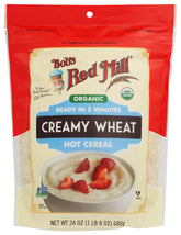 Bob's Red Mill Organic Creamy Wheat Hot Cereal steaming porridge in a bowl for a comforting breakfast