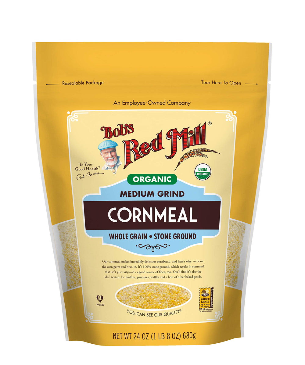 Bob's Red Mill Organic Medium Grind Cornmeal bag on shelf, ideal for baking