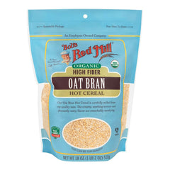 Bob's Red Mill Oat Bran Hot Cereal label showcases organic certification and clean ingredients.