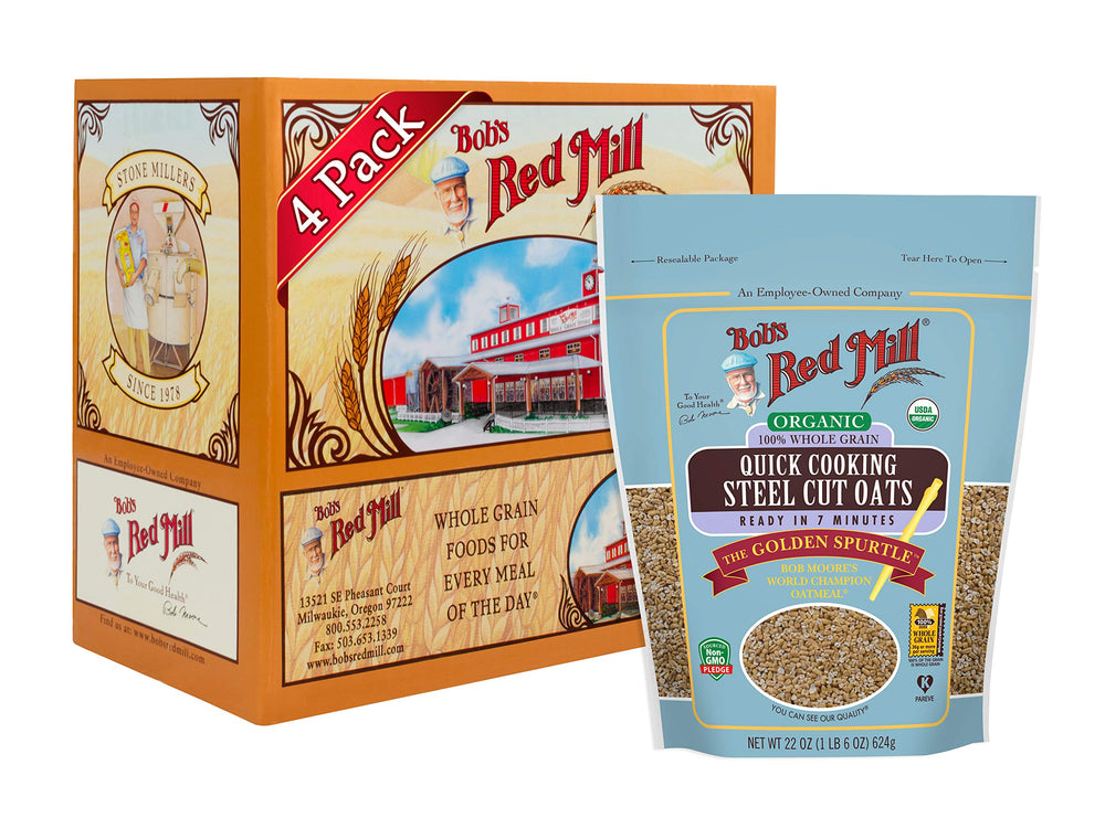 Bob's Red Mill Organic Quick Cooking Steel Cut Oats served in a bowl for a hearty, quick breakfast.