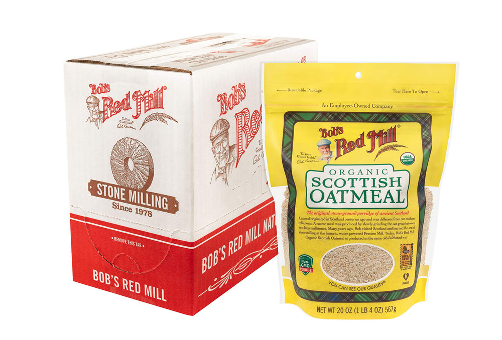 Bob's Red Mill Organic Scottish Oatmeal in a steaming bowl for a creamy breakfast.