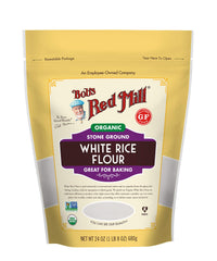 Bob's Red Mill Organic White Rice Flour bag, ideal for gluten-free baking and light, tender textures.