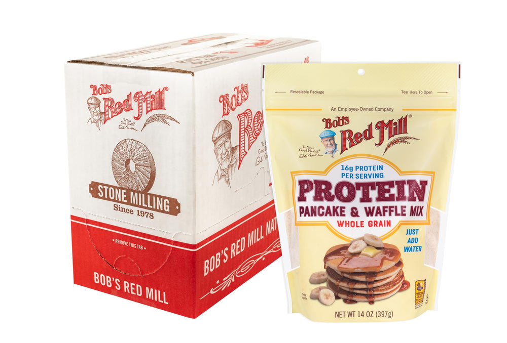 Bob's Red Mill protein pancake mix 4-pack box for quick, protein-rich breakfasts.