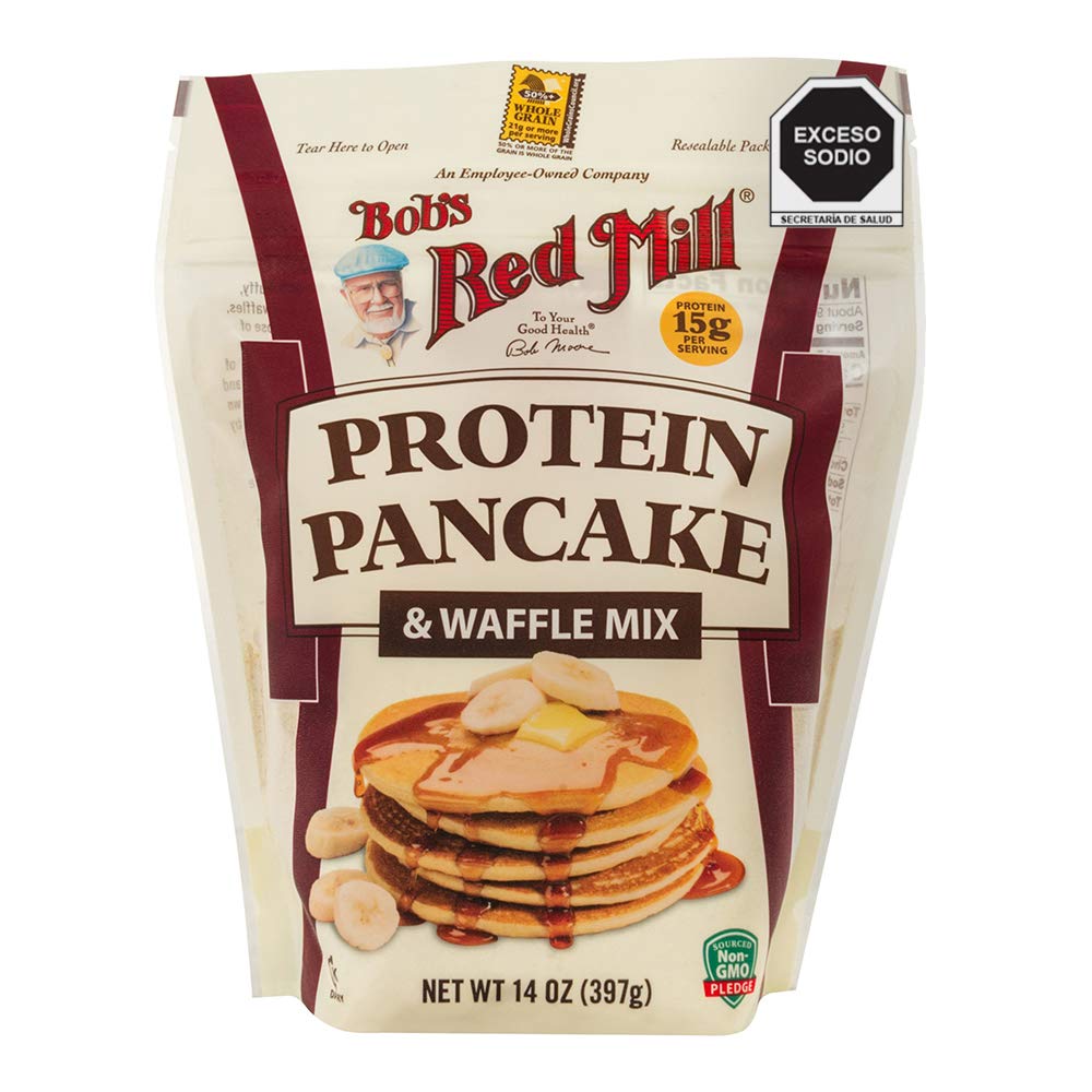 Bob's Red Mill Protein Pancake Mix packaging shown on a kitchen counter for quick breakfasts.
