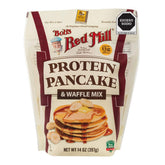 Bob's Red Mill Protein Pancake Mix packaging shown on a kitchen counter for quick breakfasts.