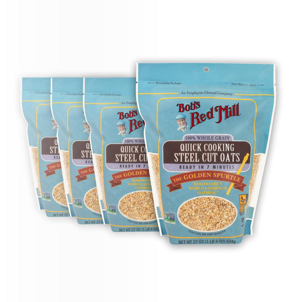 Bob's Red Mill Quick Cooking Steel Cut Oats in a bag on the counter for quick, hearty breakfast.