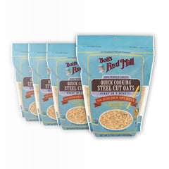 Bob's Red Mill Quick Cooking Steel Cut Oats in a bag on the counter for quick, hearty breakfast.
