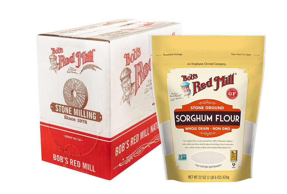 Bob's Red Mill sorghum flour bag shows 100% whole grain for gluten-free baking