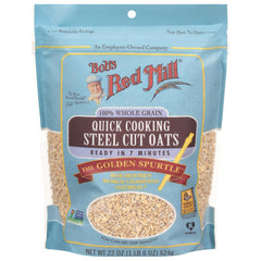 Close-up of Bob's Red Mill steel cut oats texture showing a firm bite.