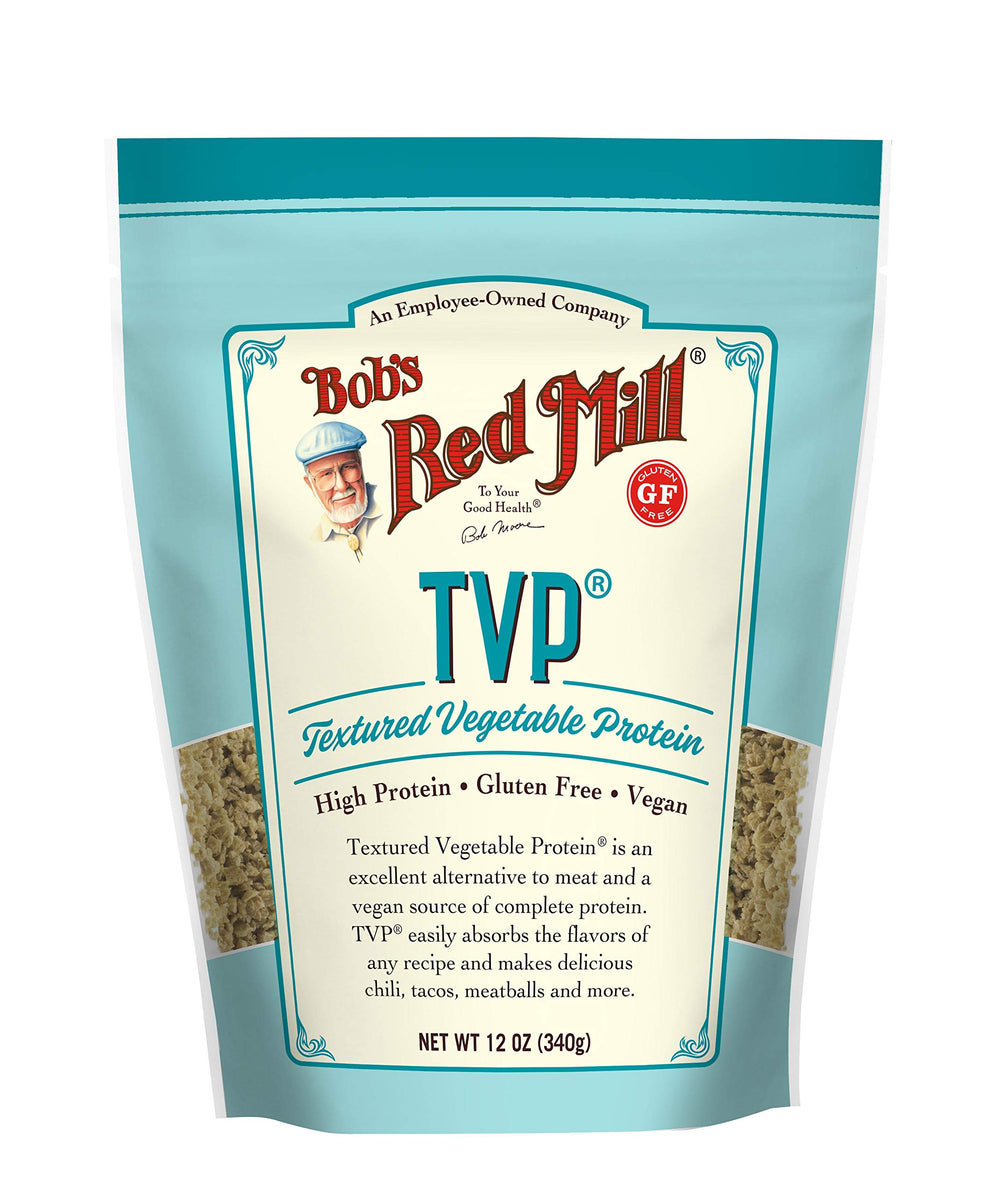 Bob's Red Mill TVP bag shows dry textured vegetable protein, a versatile vegan option.