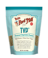 Bob's Red Mill TVP bag shows dry textured vegetable protein, a versatile vegan option.