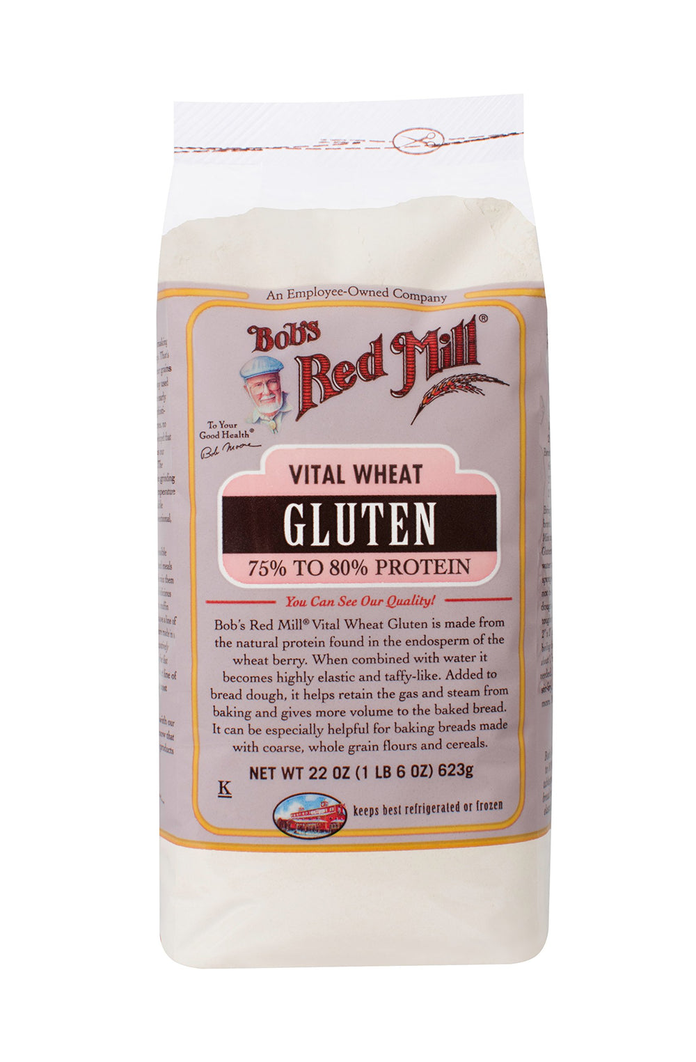 Bob's Red Mill Vital Wheat Gluten Flour bag front, ideal for enhancing bread texture