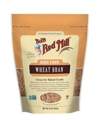 Bob's Red Mill Wheat Bran bag showing high-fiber baking ingredient for cereals and baked goods.