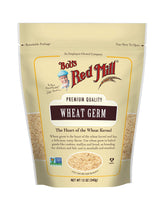 Bob's Red Mill Wheat Germ bag shows rich nutty texture for smoothies and baking.
