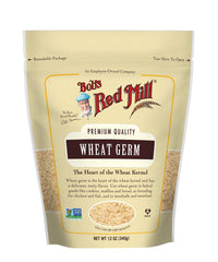 Bob's Red Mill Wheat Germ bag shows rich nutty texture for smoothies and baking.