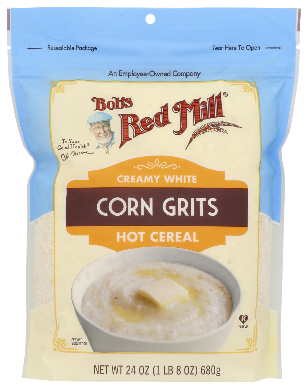 Bob's Red Mill White Corn Grits packaging on shelf highlighting versatile ways to enjoy Southern-style meals.