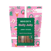 Bocce's Bakery Holly Jolly packaging shows a festive, high-protein dog treat for rewards