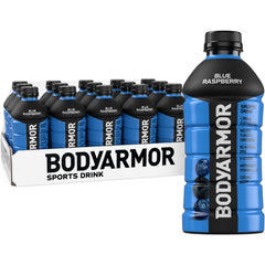 BODYARMOR Blue Raspberry bottle highlights coconut water for refreshing hydration on workouts.