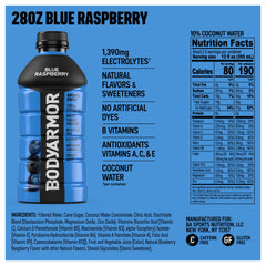 BODYARMOR Blue Raspberry pour shows electrolyte-rich hydration for post‑workout recovery.
