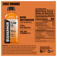 BODYARMOR Flash I.V. Orange bottle back highlights electrolytes for recovery.