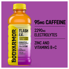 BODYARMOR Flash I.V. Zero Sugar electrolyte bottle close-up highlighting hydration electrolytes.