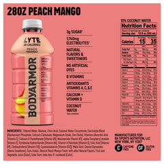 BodyArmor Lyte Peach Mango bottle label close-up highlighting clean ingredients