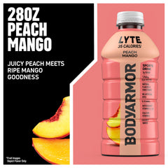 BodyArmor Lyte Peach Mango bottle being poured into glass for post-workout hydration