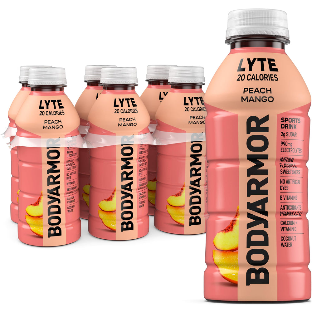 BODYARMOR Lyte Peach Mango bottle showing electrolytes for workouts