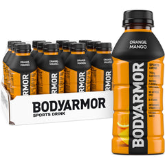 BODYARMOR Orange Mango bottle on shelf, signaling athletic hydration and easy access