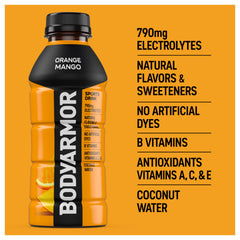 BODYARMOR Orange Mango label closeup highlighting natural flavors and electrolytes.