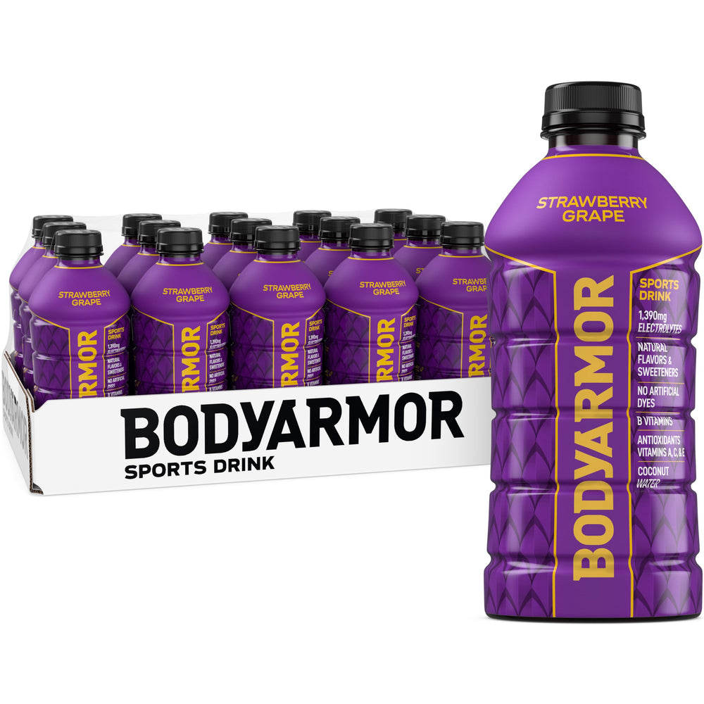 BODYARMOR Strawberry Grape bottle front view shows vibrant label for refreshing hydration.