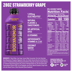BODYARMOR Strawberry Grape bottle side angle highlights portable hydration for workouts.