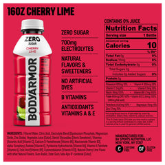 BODYARMOR Zero Sugar Cherry Lime bottle side view showcasing zero sugar and natural flavor for daily hydration