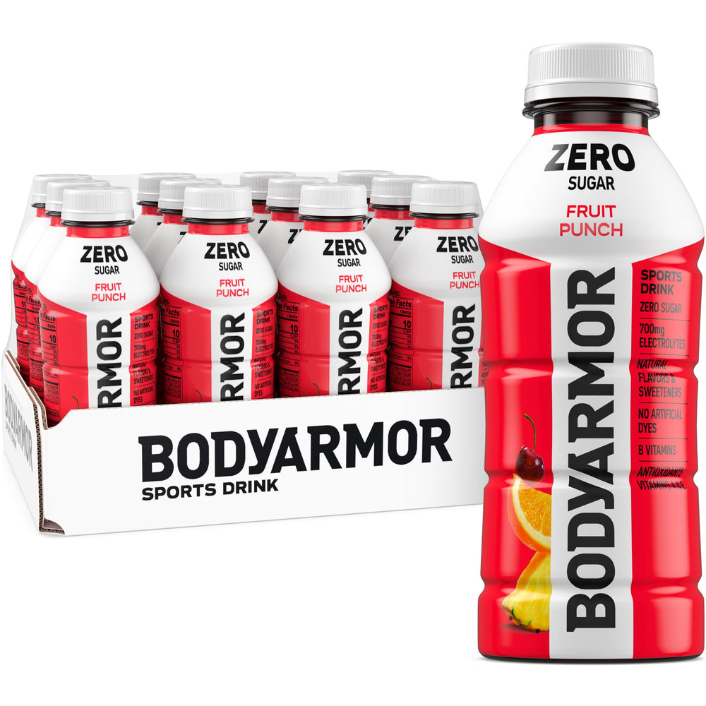 BODYARMOR ZERO Sugar Fruit Punch bottle-front offers convenient hydration for workouts and on-the-go days