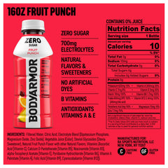 Close-up of BODYARMOR Zero Sugar Fruit Punch ingredients highlighting electrolytes and antioxidants.