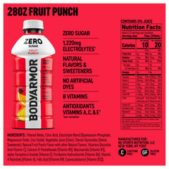Close-up of BODYARMOR Zero Sugar Fruit Punch label highlighting electrolytes and antioxidants.
