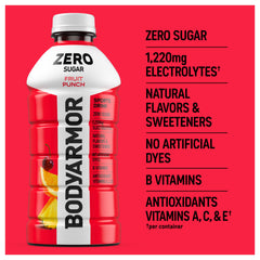 Pouring BODYARMOR Zero Sugar Fruit Punch to showcase natural flavor release.
