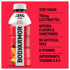 Six-pack of BODYARMOR Zero Sugar Fruit Punch for convenient on-the-go hydration.