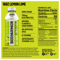 BODYARMOR Zero Sugar Lemon Lime bottle label highlighting natural flavors and zero sugar.